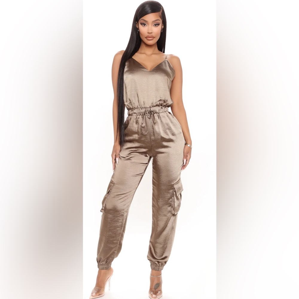 Fashion Nova- Bombshell Baddie Satin Jumpsuit (Olive)